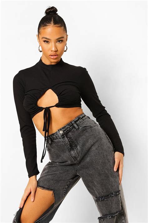 Black Recycled Side Ruched Long Sleeve Crop Top Ubicaciondepersonas