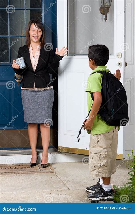 Child Going To School And Saying Goodbye Stock Image Image Of Hand