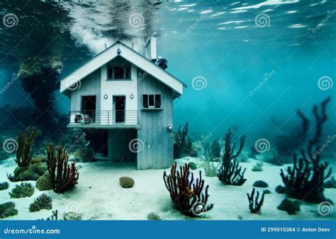 Sunken House Under Water Abandoned Building At Bottom Of Ocean Sea