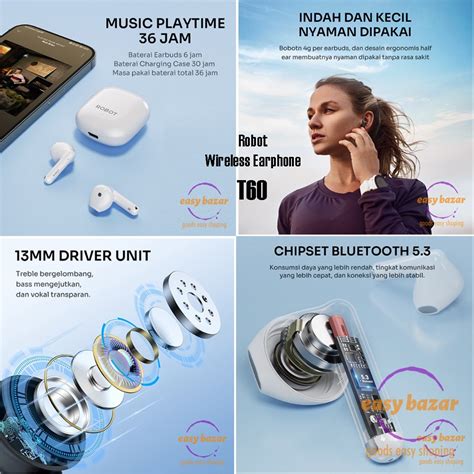 Jual Robot Wireless Earphone Airbuds T60 Original IPX 4 Tahan Cipratan