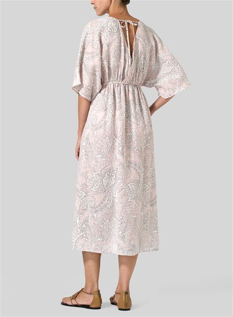 Linen Printed V Neck Dolman Sleeves Dress Plus Size