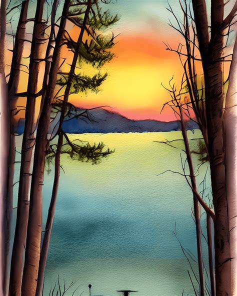 Lake Cabin Woods Sunset Painting · Creative Fabrica