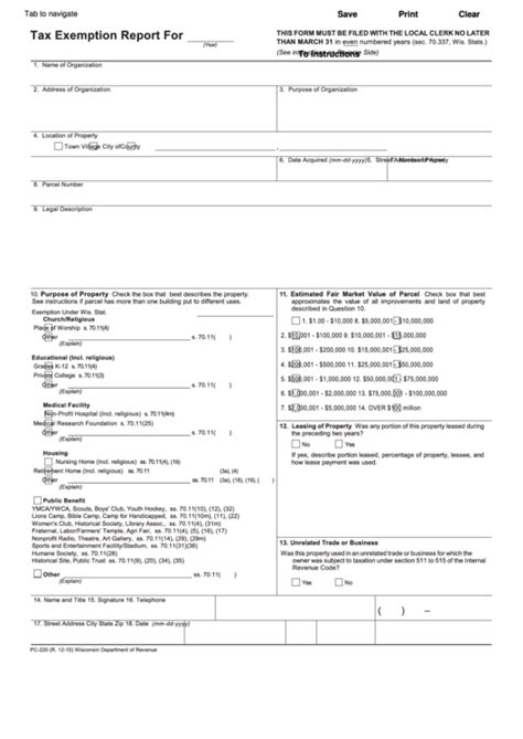 Fillable Form Pc 220 Tax Exemption Report Form Wisconsin Printable