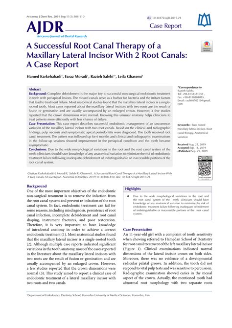 Pdf A Successful Root Canal Therapy Of A Maxillary Lateral Incisor With 2 Root Canals A Case