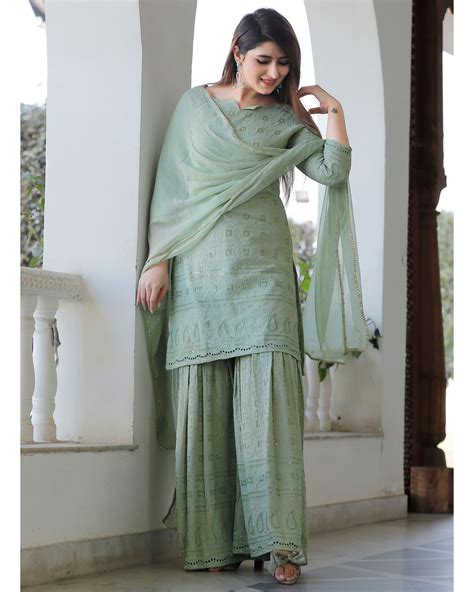 Green Chikankari Kurta With Palazzo And Dupatta Set Of Three By Geeta