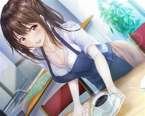 Apron Blush Breasts Brown Eyes Brown Hair Cleavage Drink Hazuki Gyokuto