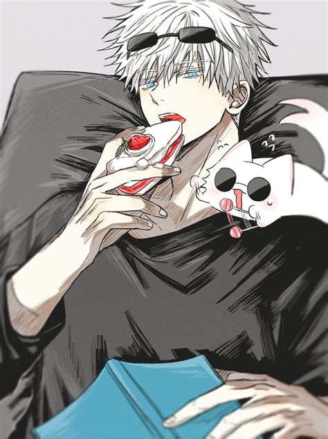 An Anime Character With White Hair And Black Eyes Holding A Cat In His