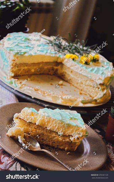 Naked Cake Blue Cream Flowers Decor Stock Photo 570181129 Shutterstock