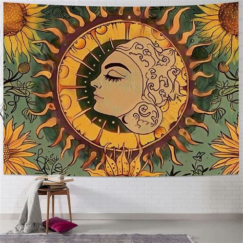 Yellow Sun And Moon Tapestry Hippie Indie Tapestries Boho Orange Flower