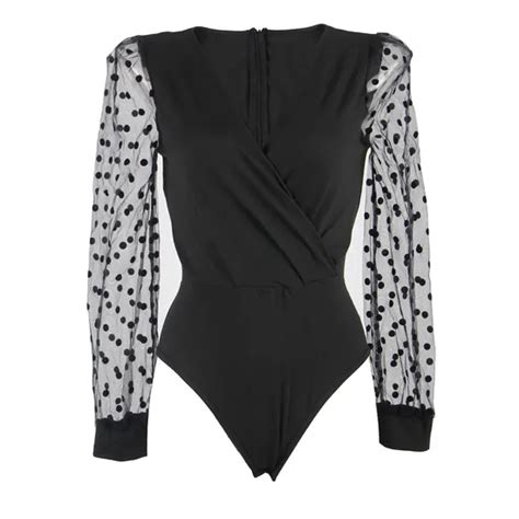 Wholesale Simple Sexy Black Jumpsuit Polka Dot Long Sleeve Bodysuit Lingerie Lingerie And Sexy