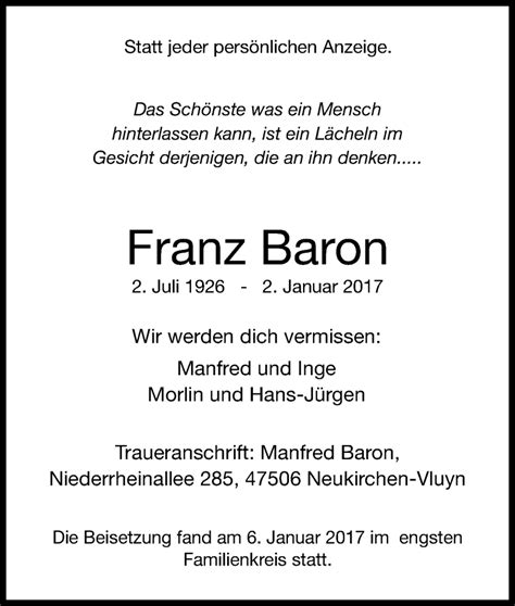 Traueranzeigen Von Franz Baron Trauer In NRW De