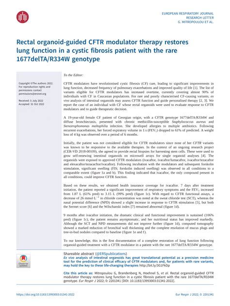 Pdf Rectal Organoid Guided Cftr Modulator Therapy Restores Lung