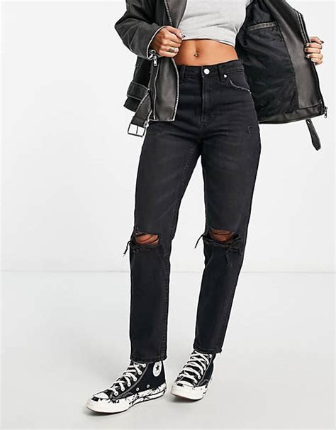 Bershka Ripped Detail Mom Jean In Black Asos