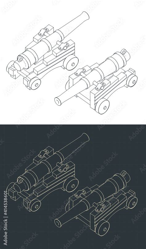 Vintage Naval Cannon Isometric Drawings Stock Vector | Adobe Stock