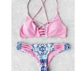 Fashion Sexy Chest Cross Hollow Two Piece Bikini Bath Suit Show Thin Pink On Luulla