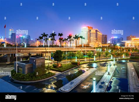 Night View Of Modern Urban High Rise Buildings Nanning China Stock