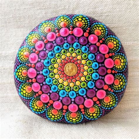 Hand Painted Rainbow Mandala Stone Made With Acrylics And Finished With