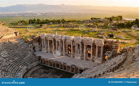 hierapolis ancient city pamukkale turkey  sunset stock photo