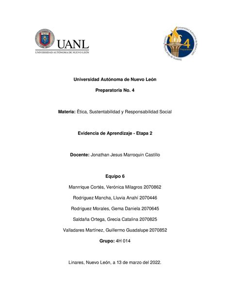 Equipo 6 EV2 ESy RS Evidencia etica Universidad Autónoma de Nuevo