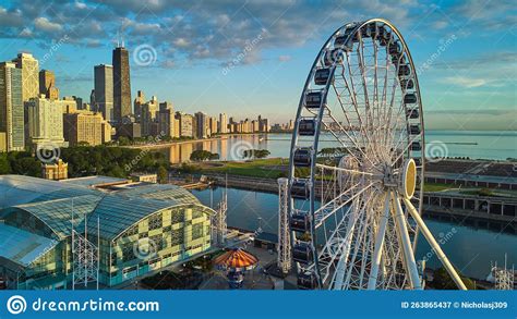 Navy Pier In Chicago By Ferris Wheel With Chicago Skyline Editorial