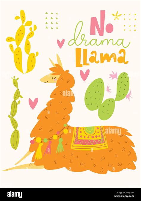 Vector Poster Or Card With Cute Cartoon Lama And Cacti Stock Vector