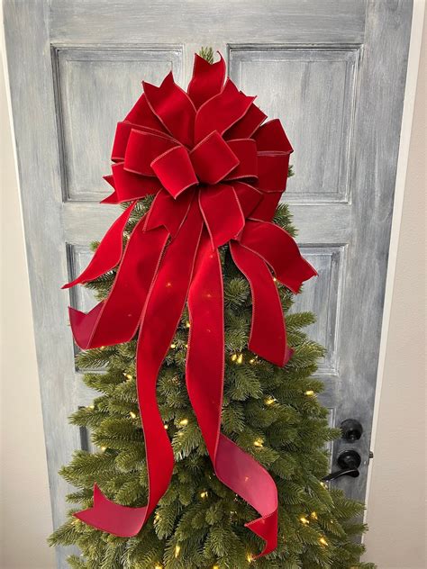 Dark Red Velvet Christmas Tree Topper Bow With Long Streamers