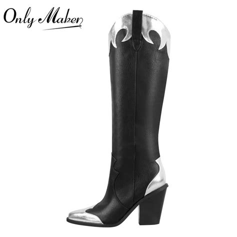 Onlymaker Apontou Toe Ocidental Botas De Couro Met Lico Guarni O Do