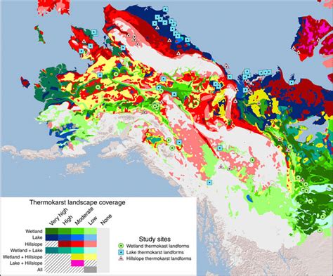 Locations of studied thermokarst landforms and mapped dominant ...