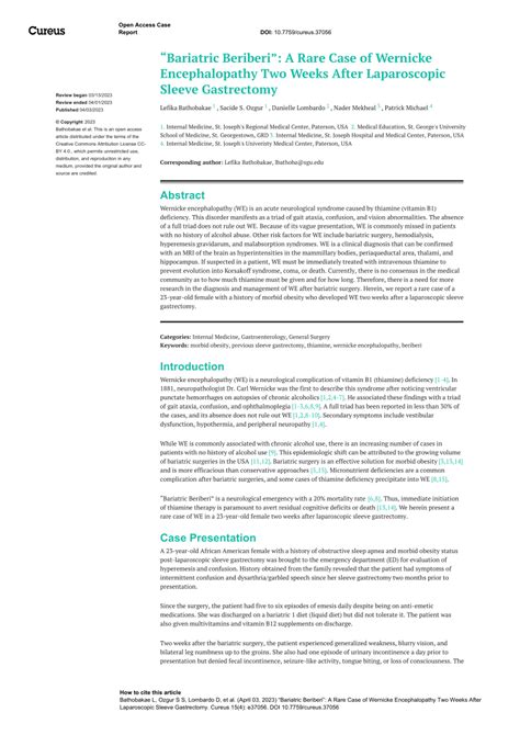 PDF Bariatric Beriberi A Rare Case Of Wernicke Encephalopathy Two