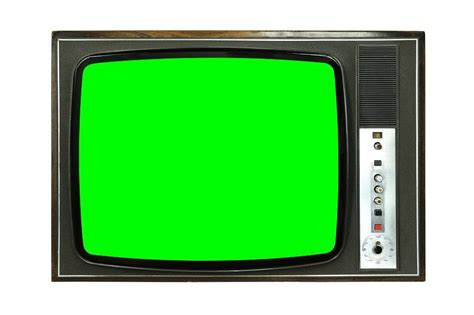 Old Vintage 1970s TV With Green Screen For Adding Video Isolated On