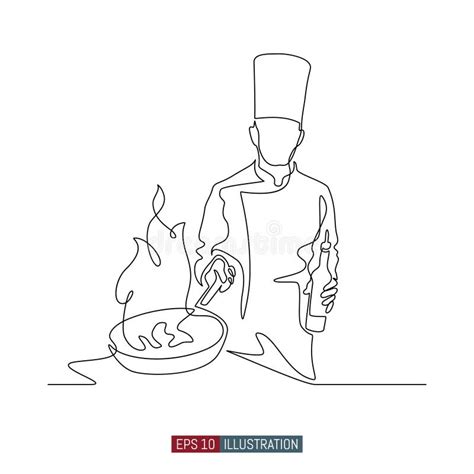 Continuous Line Drawing Of Hand Drawn Chef Preparing Food Scene In The