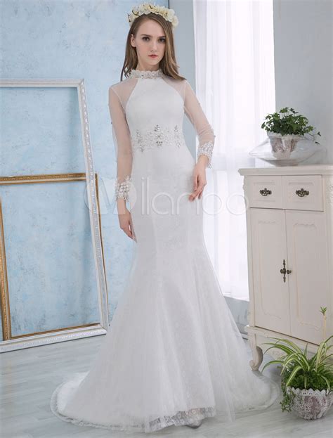 Wedding Dresses Mermaid Ivory Lace Bridal Dress Long Sleeve Rhinestone Beaded Open Back Stand