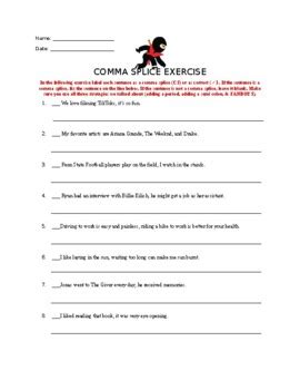 Comma Splice Worksheet By Brandon Fean Teachers Pay Teachers