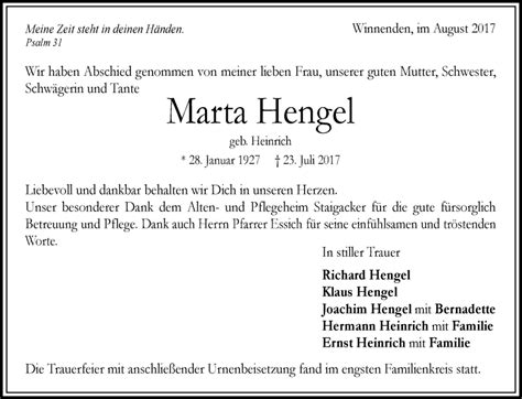 Traueranzeigen Von Marta Hengel ZVW Trauer