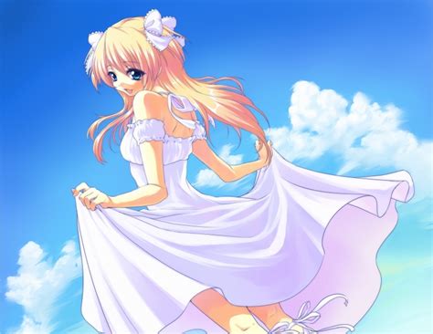 Safebooru Blonde Hair Blue Eyes Bow Cloud Clouds Dress Dress Lift