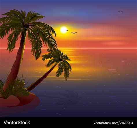 Romantic Sunset On Tropical Island Palm Trees Vector Image