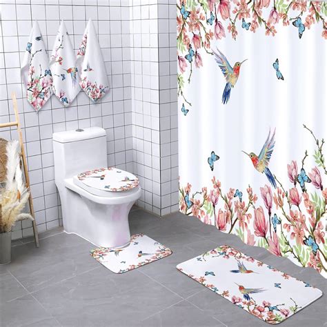 Amazon Newwiee 7 Pcs Hummingbird Flower Shower Curtain Set Floral