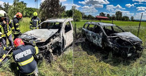 FOTOGALERIE Autoturism făcut scrum în județul Satu Mare A ars ca o