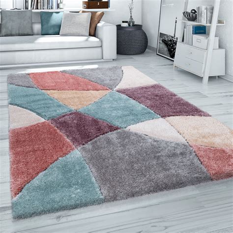 Hochflor Teppich Wohnzimmer Shaggy 3D Muster Modern Pastell Grau Rot