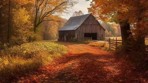 Premium AI Image | A barn on a country road with fall colors