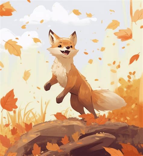 Premium AI Image | cartoon of a fox in the fall piles in style of soft ...
