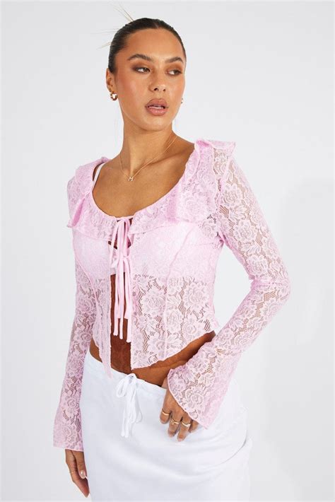 Pink Lace Tie Up Top Long Sleeve Ally Fashion