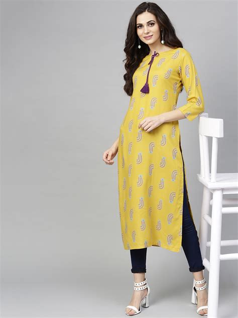 Buy Libas Women Mustard Yellow Printed Straight Kurta Kurtas For Women 8073683 Myntra