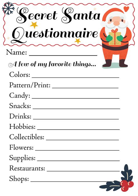 Printable Secret Santa Questionnaire Templates Printable Questions