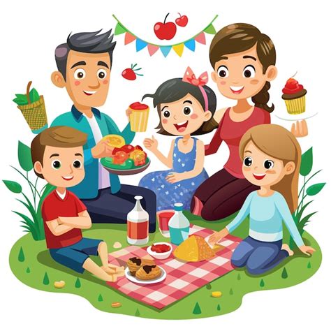 Familia Feliz Haciendo Un Picnic En Una Manta A Cuadros En Un Parque