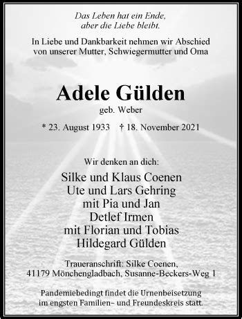 Traueranzeigen von Adele Gülden Trauer und Gedenken