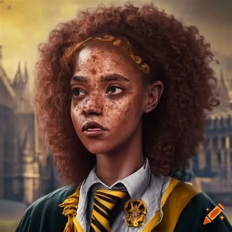 Hufflepuff Student With Hazel Eyes And Freckles During Golden Hour At