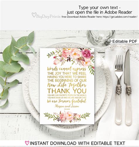 Floral Wedding Thank You Place Card Wedding Table Thank You Etsy