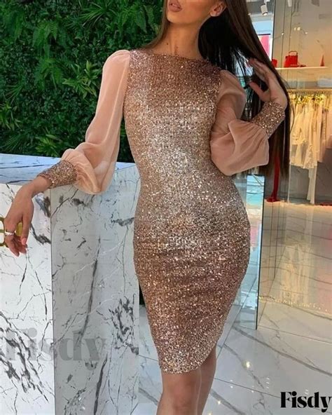 Fisdy Exquisite Lantern Sleeve Mesh Bodycon Sequins Dress In