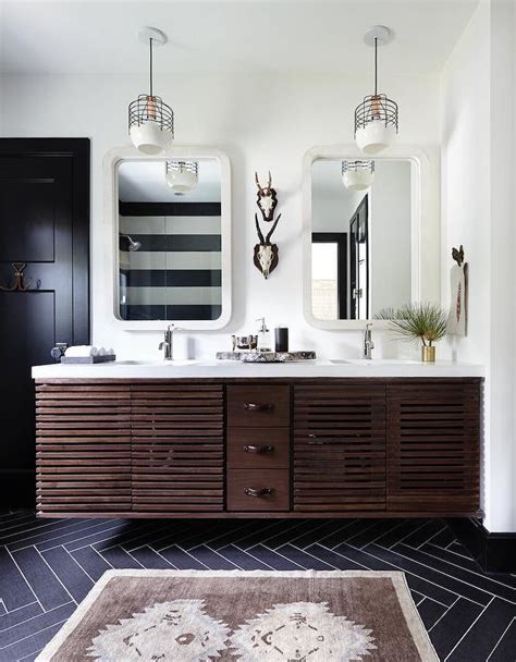 Brown Slatted Dual Washstand With Curved White Mirrors Transitional